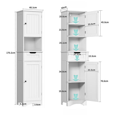 Bealife Hochschrank Badezimmer, 170x40x30cm Badschrank mit verstellbaren Regalen, Badezimmerschrank mit offenem Fach, Schublade und Türen für Badezimmer, Wohnzimmer, Schlafzimmer - Weiß