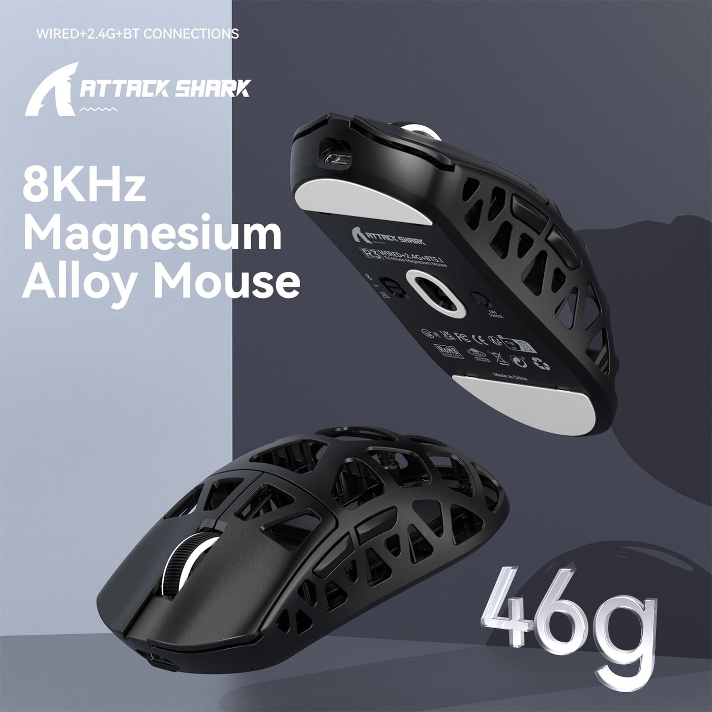 ATTACK SHARK R3 Magnesiumlegierungsmaus, kabellose 8K-Maus, 46 g SUPERLIGHT-Maus, PixArt PAW3395-Gaming-Sensor, BT/2,4 G/kabelgebundene Gaming-Maus, einstellbare DPI 26000, Büromäuse für Win11/Xbox/PS