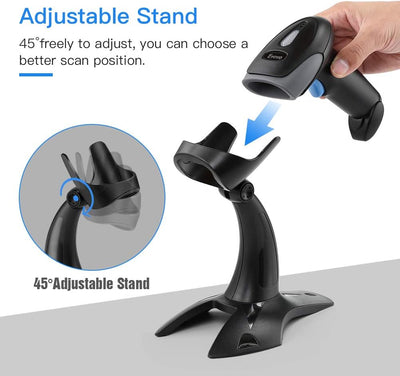 Eyoyo 1D 2D QR Barcode Scanner with Stand, Handheld USB Wired Scanner for Inventory Management, Portable Bar Code/QR Code Reader Screen Scanning Auto Sensing- Handsfree Scanner