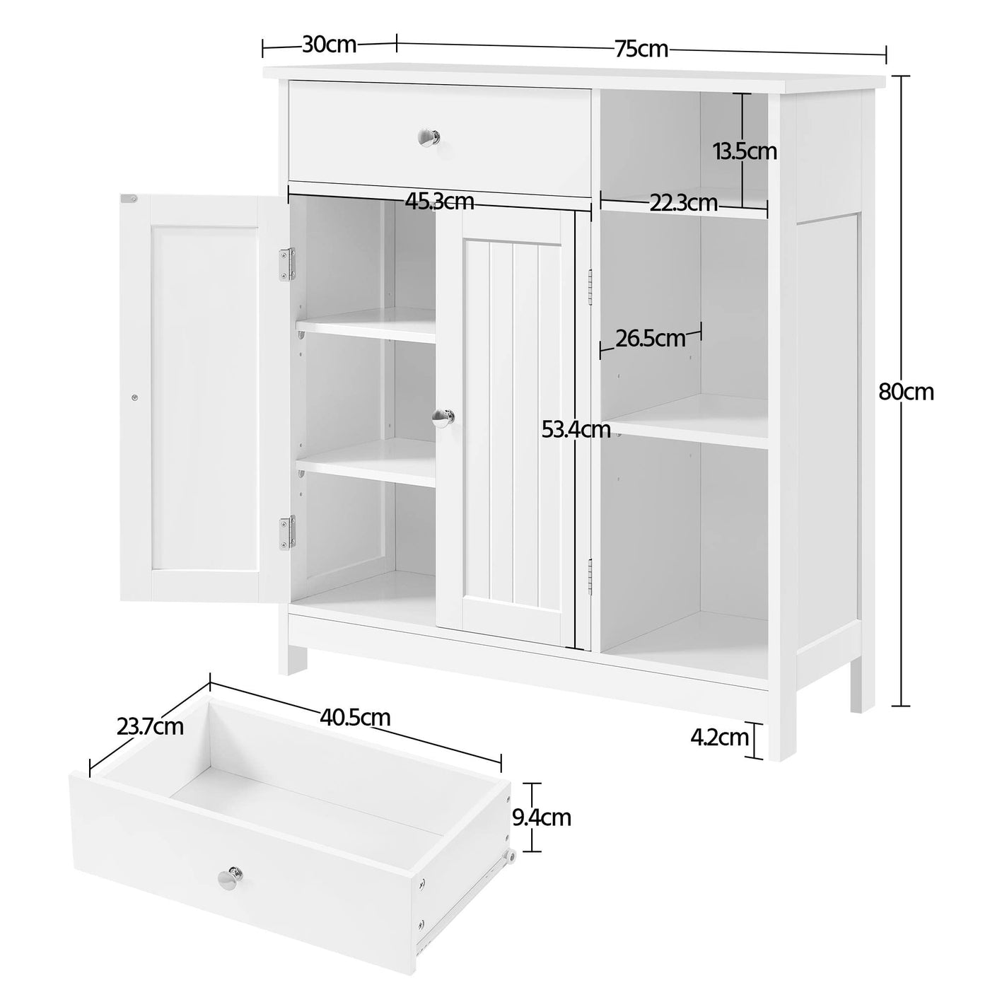 Yaheetech Badezimmerschrank Unterschrank mit Schubladen & Tür & verstellbare Einlegeböden Kommode fürs Badezimmer/Wohnzimmer/Küche/Flur 75 * 30 * 80cm