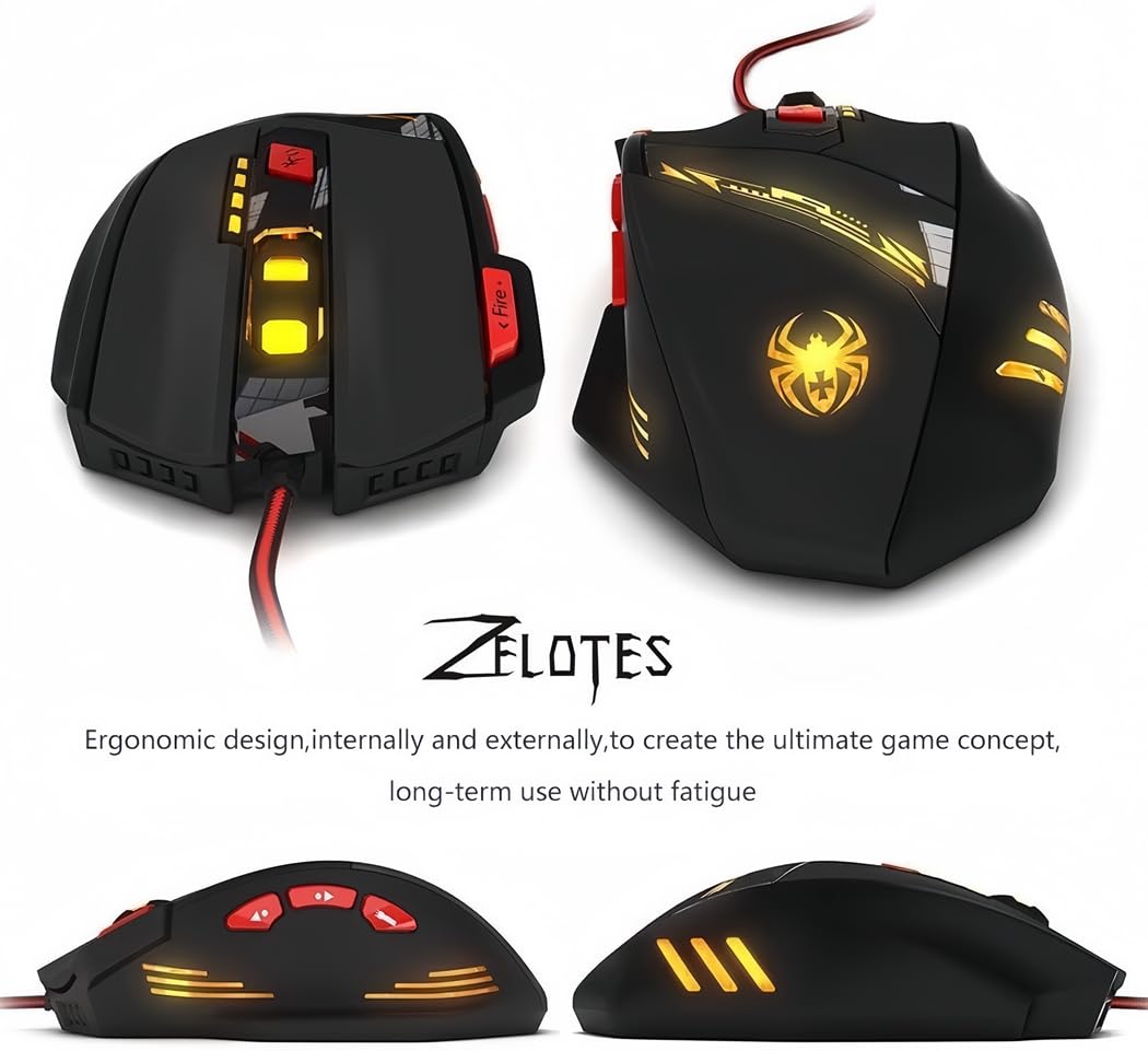 Souris de jeu Zelotes T90 9200 DPI, 8 boutons programmables, LED multimode, souris de jeu USB, réglage du poids pour les joueurs professionnels