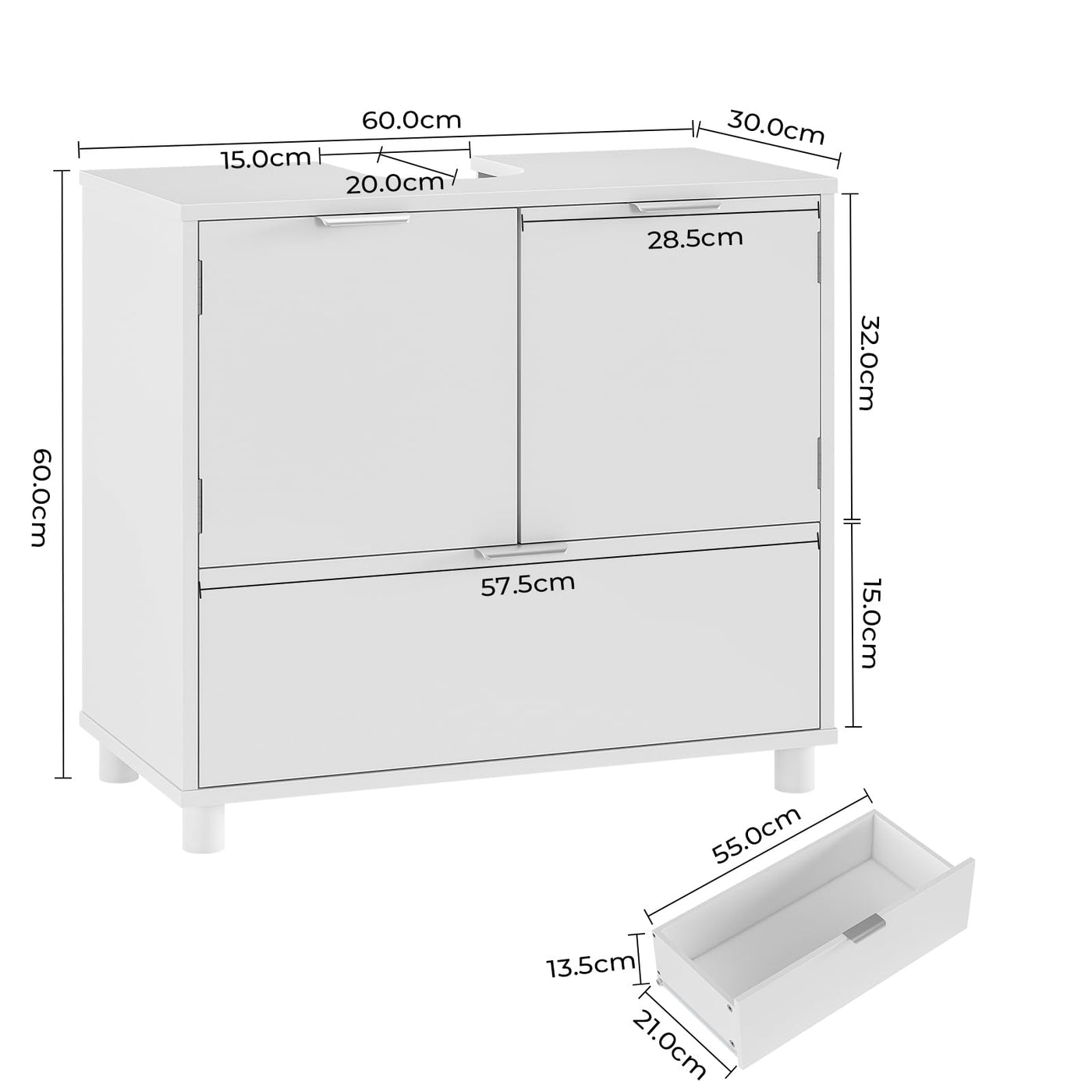 FORABAMB Waschbeckenunterschrank, Badezimmerschrank mit 2 Türen, große Schublade, viel Stauraum, Badezimmer Unterschrank Waschtischunterschrank Badschrank weiß,30 x 60 x 60 cm