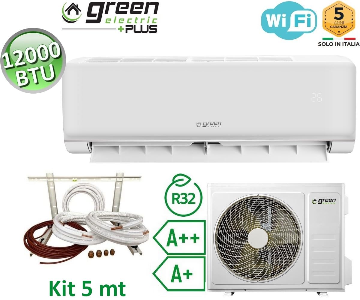 Green Electric Plus Mono-Split-Klimaanlage, 12.000 BTU, WLAN, Energieeffizienzklasse A++/A+ 3,5 kW, R32, mit Installationsset 5 Meter, Inneneinheit und Außeneinheit