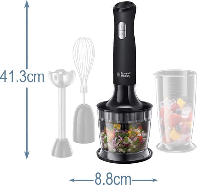 Russell Hobbs Stabmixer [3-in-1: Pürierstab/Zerkleinerer, Mixer- & Schneebesenaufsatz] Matt Schwarz (BPA-freies & spülmaschinenfestes Zubehör, für Smoothie, Suppen Saucen, Joghurt Babynahrung)24702-56