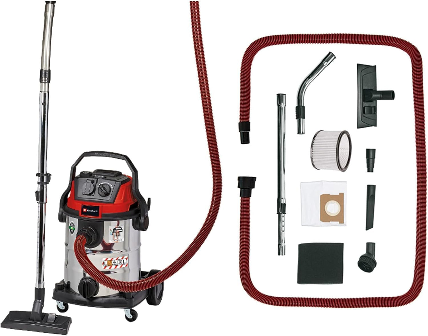 Einhell Nass-Trockensauger TE-VC 2025 SACL (Staubschutzkl. L, für Staubpartikel mit AGW-Werten >1 mg/m³, 25l-Edelstahltank, Filterreinigung, Gerätesteckdose, inkl. Düsen u. Filter), Rot , Schwarz