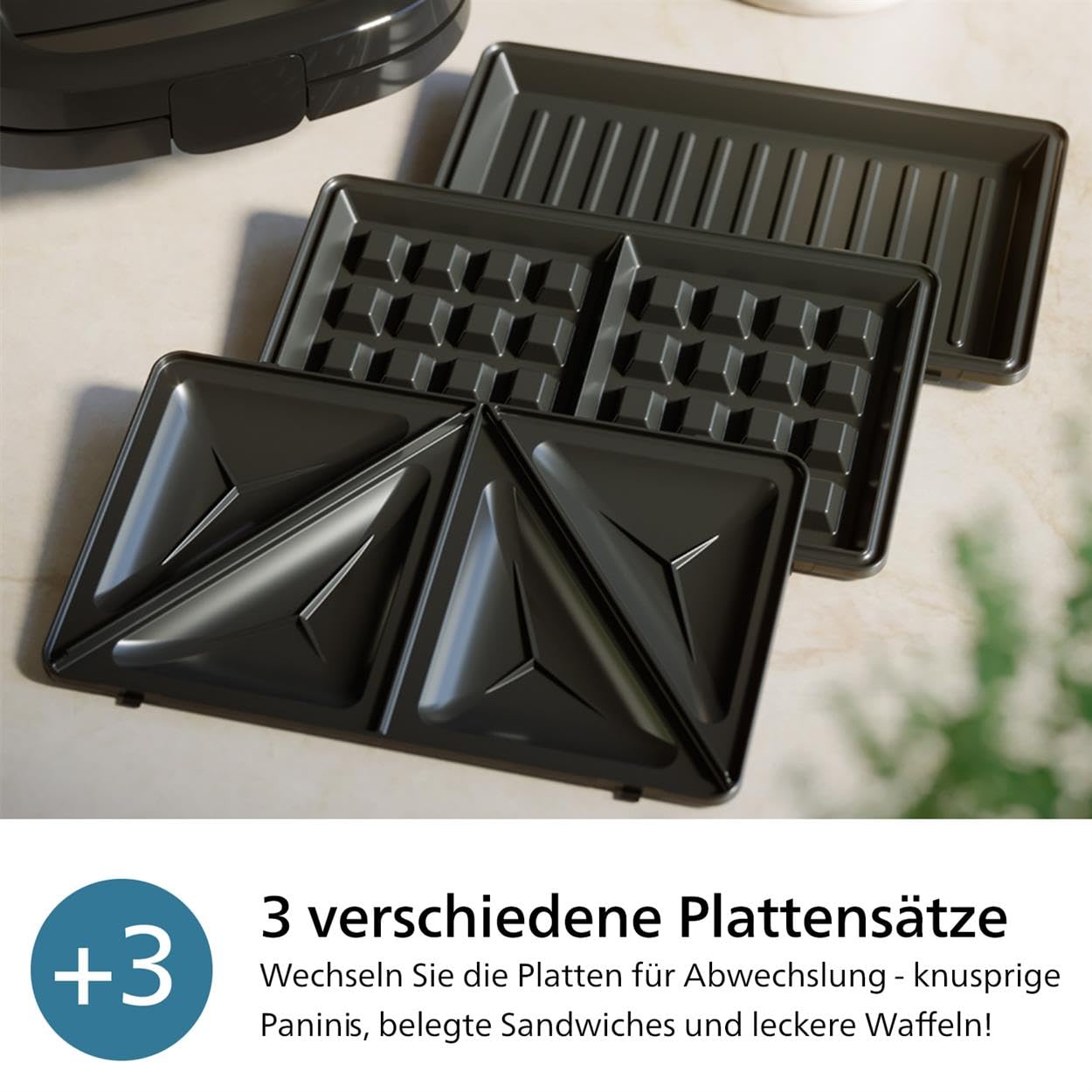 Philips Sandwichmaker 5000 Serie, 750 W, Panini, Waffeln, Sandwichplatten, Schwarz/Silber (HD2350/80)