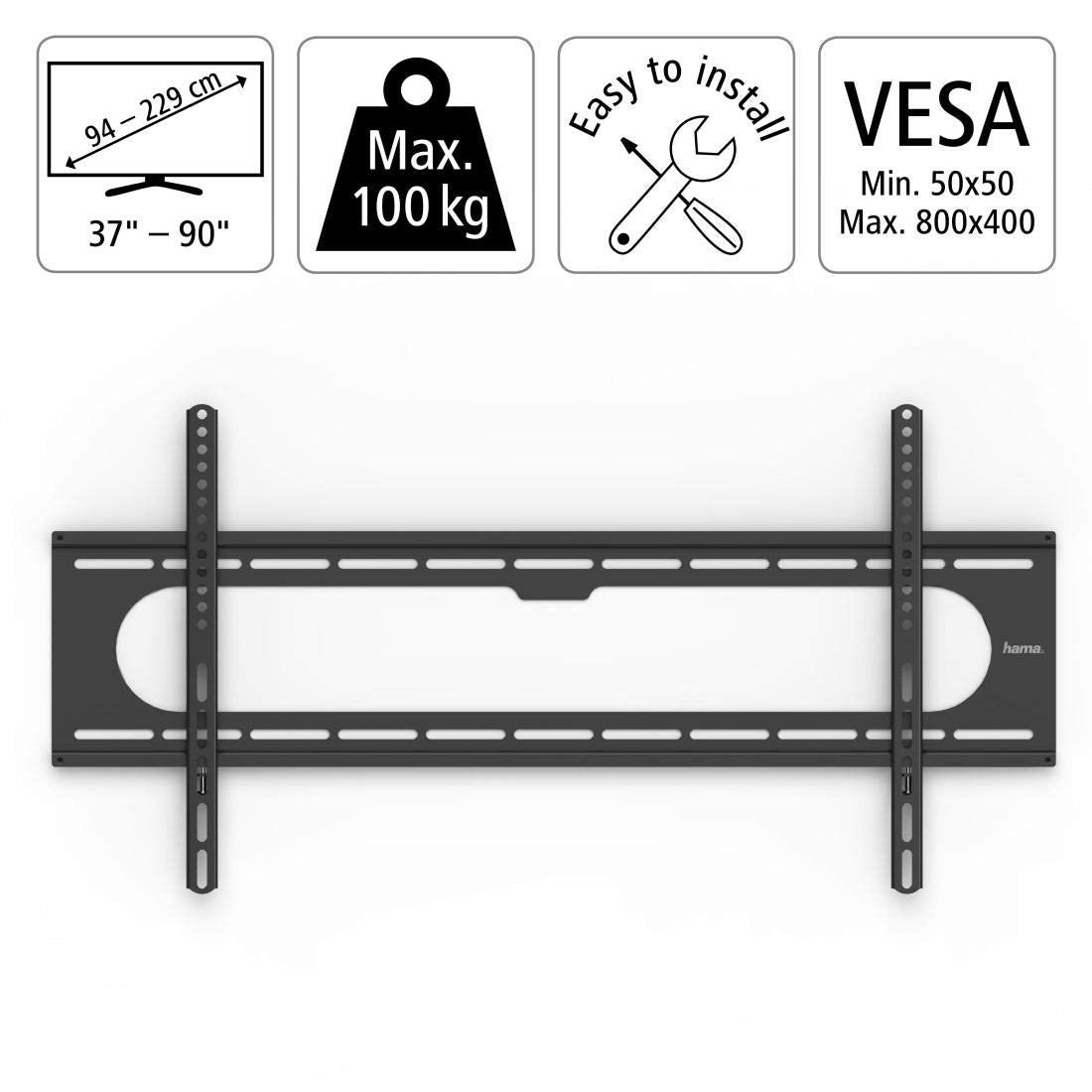 Hama TV Wandhalterung (37 - 90 Zoll TV Halterung für Fernseher bis zu 100kg, max. VESA 800x400, feste Fernseh Wandhalterung mit minimalem Wandabstand, inkl. Fischer Dübel & Montageanleitung) schwarz