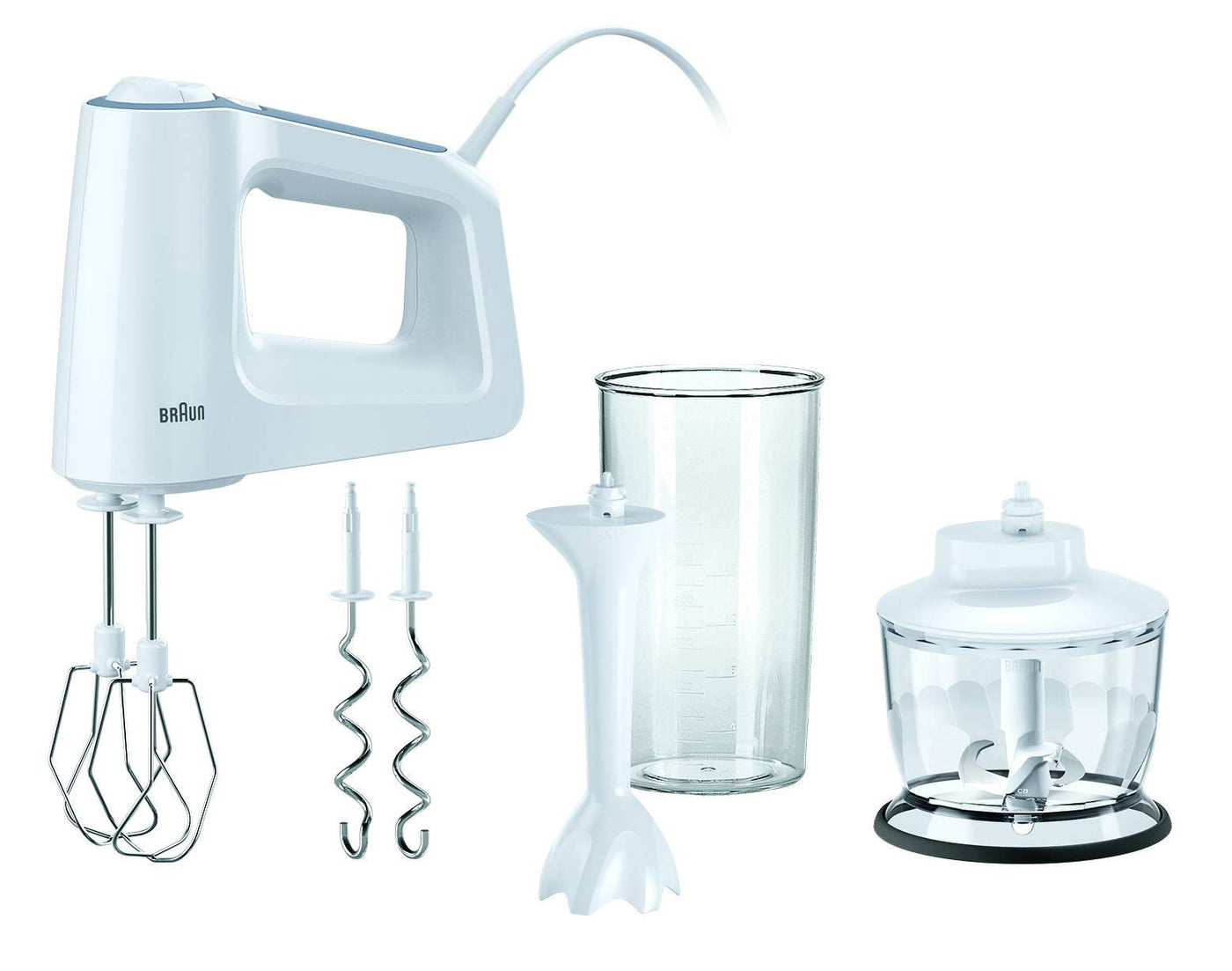 Braun MultiMix 3 HM 3135 Handmixer – Handrührgerät mit 5 Geschwindigkeitsstufen & Turbo-Funktion, inkl. Schneebesen, Knethaken, Pürierstab, Zerkleinerer und 600 ml Mix- und Messbecher, 500 Watt, weiß