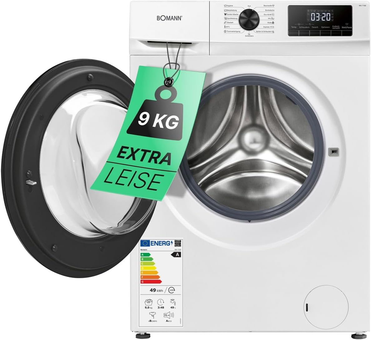 Bomann® Waschmaschine 9kg | max. 1400 U/min | 10 Jahre Motor-Garantie | effizienter, leiser & langlebiger Invertermotor | 15 Programme | Endzeitvorwahl | LED-Display | Washing Machine WA 7195