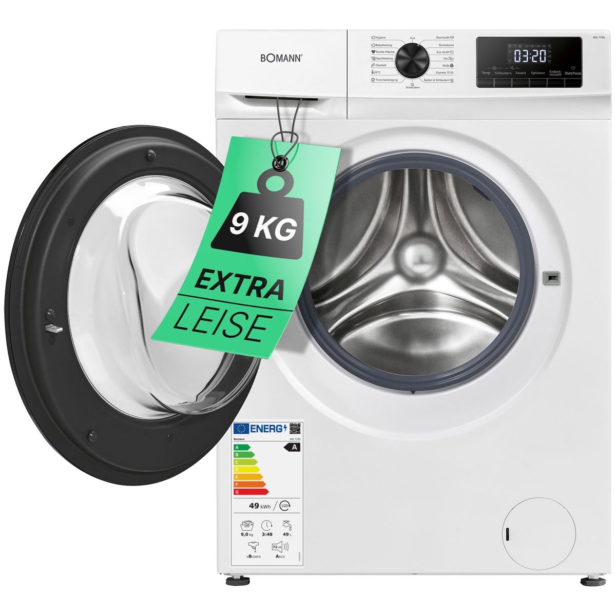 Bomann® Waschmaschine 9kg | max. 1400 U/min | 10 Jahre Motor-Garantie | effizienter, leiser & langlebiger Invertermotor | 15 Programme | Endzeitvorwahl | LED-Display | Washing Machine WA 7195