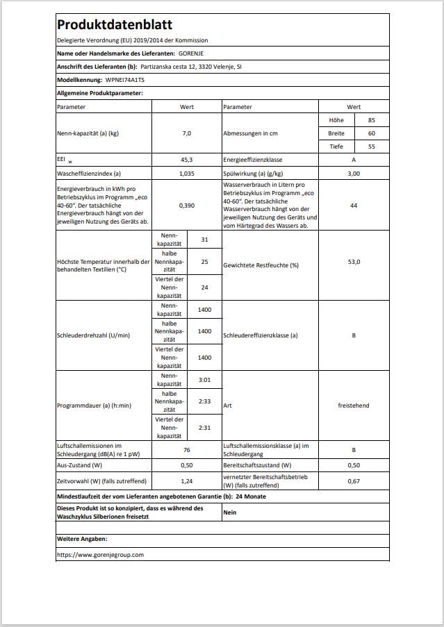 Gorenje WPNEI74A1TS Waschmachine mit Dampffunktion/ConnectLife / 7Kg / 1400 U/min / 15 Programme/Totaler AquaStop/WaveActive Trommel/ExtraHygiene/PowerWash/Schnell Waschgang/EEK: A-10%