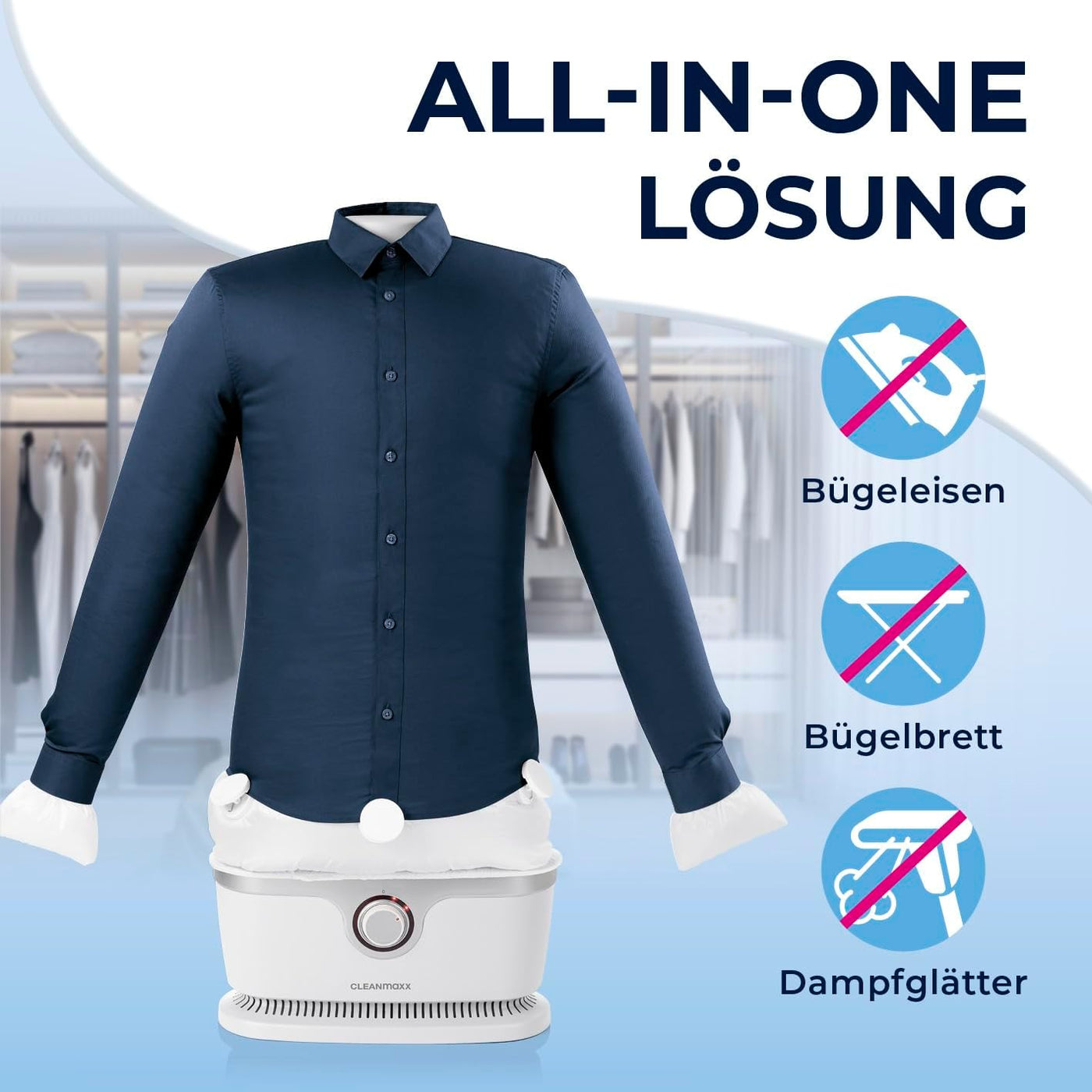 CLEANmaxx automatischer Hemdenbügler PRO | ersetzt Bügeleisen, Bügelbrett, Dampfglätter und Steamer | Bügelgerät mit Bügelpuppe für Hemden, Blusen & Shirts | innovativ & effizient, weiß