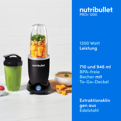 Nutribullet Pro 1200, Elektrischer Mixer, Zerkleinerer, Smoothie Mixer, Multifunktionsmixer, 1200w Leistung, 700ml und 900ml Gläser, schwarz, NB120MB