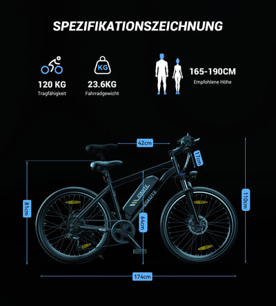 ESKUTE M100 E Bike Herren Damen, E-Mountainbike Elektrofahrrad 27.5 Zoll E-Cityrad mit 36V 10.4Ah Abnehmbarer Lithium-Akku, Heckmotor 50 Nm Drehmoment, EU-Konformes E Fahrrad, Schwarz