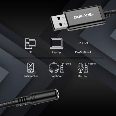 DuKabel USB Externe Soundkarte USB auf 3.5mm Klinkenbuchse (4 Pole CTIA) Stereo Audio Adapter Kabel External Sound Card für Headset, Lautsprecher oder 4 Pole TRRS Mikrofon - Schwarz