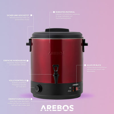 Conservateur Arebos 2500 W | Marmite à conserves 28 L | avec thermostat et protection contre la surchauffe | réglage continu de la température 30-110°C | fabricant de vin chaud | avec lève-bocal et entonnoir de conservation | Rouge