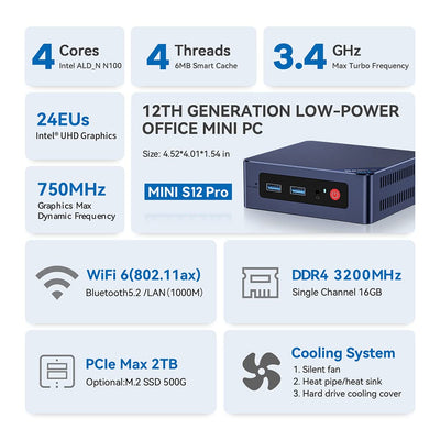 Beelink S12 Pro Mini PC 12th Gen Intel Alder Lake-N100 Processor (up to 3.40GHz),16G DDR4+500G PCIe SSD Mini Computer 2xHDMI/WiFi6/BT5.2/4K@60Hz