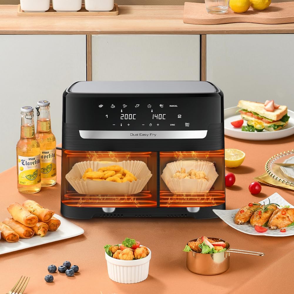 GINOYA Backpapier für Tefal EY9018 Dual Easy Fry 5,2/3,1 L, Philips Dual Basket Airfryer 3000-Serie, Moulinex 8,3 L, Cecotec, DMS, Luftfritteusen Zubehör für Doppelkammer Heißluftfritteuse