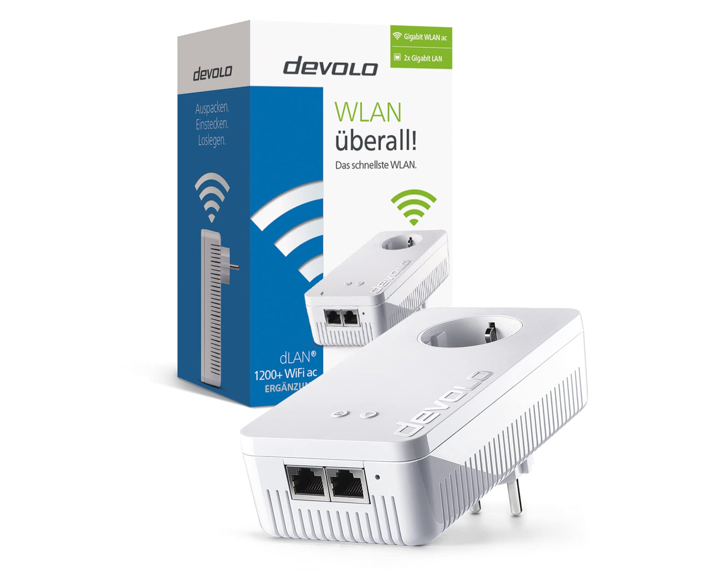 devolo 9383 WLAN Powerline Adapter, dLAN 1200+ WiFi ac Erweiterungsadapter -bis zu 1.200 Mbit/s, Mesh WLAN, WLAN Steckdose, 2x Gigabit LAN Anschluss, weiß