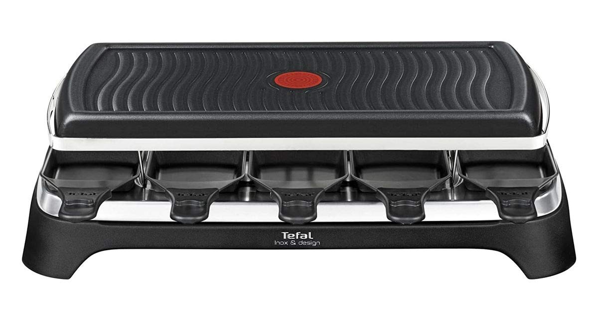 Tefal Raclette Ambiance RE4588 | für 10 Personen, inklusive Tischgrill-Funktion | Grillplatte antihaftbeschichtet + spülmaschinengeeignet | 2 Meter langes abnehmbares Kabel | Schwarz/Edelstahl | 1350W