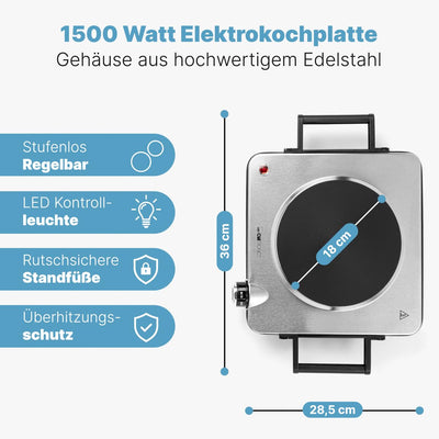 Plaque de cuisson électrique Clatronic® de 1500 W | Plaque de cuisson 1 zone de cuisson pour cuisine, bureau ou camping | plaque de cuisson électrique avec réglage continu de la température | Plaque de cuisson simple en acier inoxydable | EKP 3788