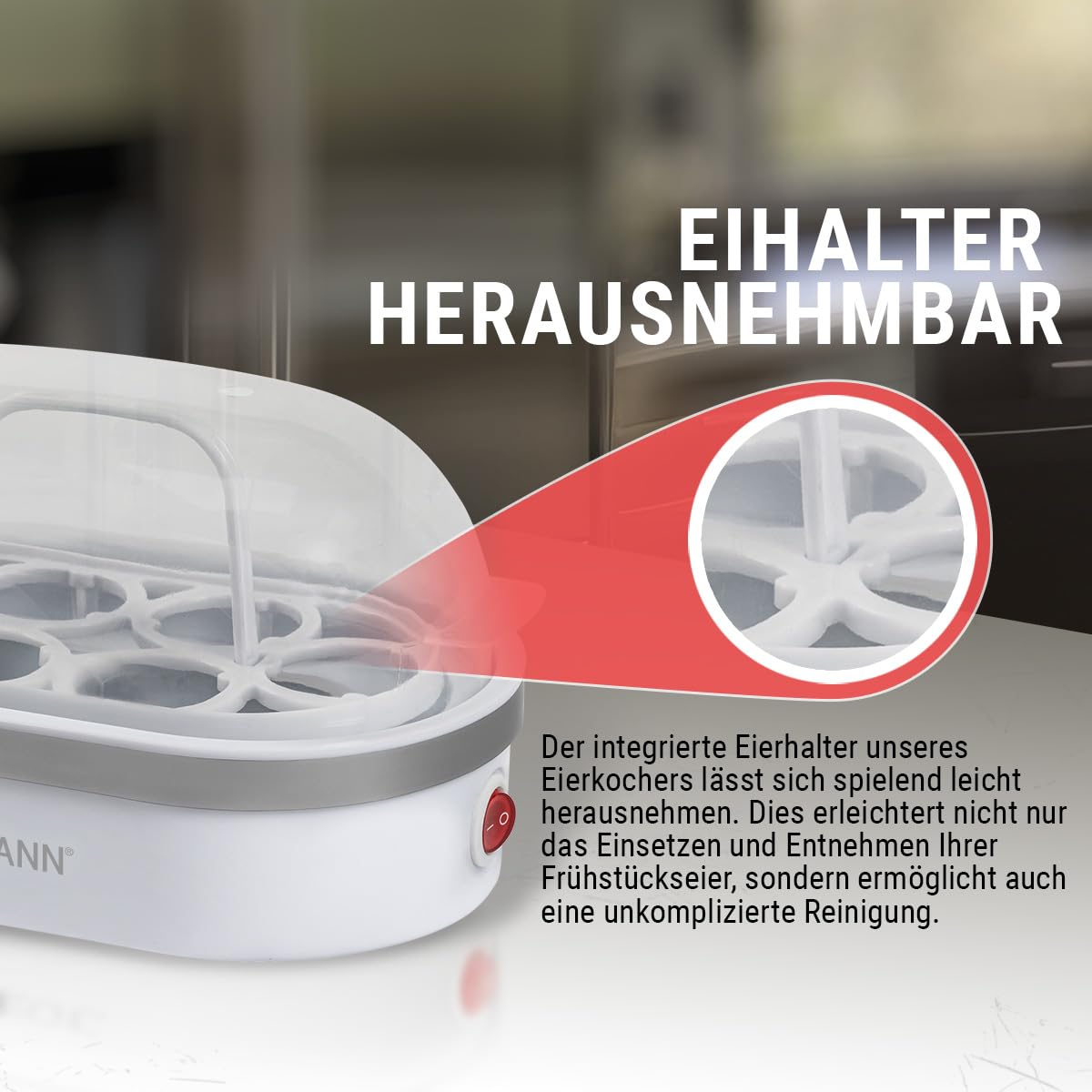 Bomann® Eierkocher für bis zu 6 Eier | Egg Cooker mit antihaftbeschichteter Heizschale | Egg Boiler mit Summer | elektrischer Eierkocher inkl. Eihalter & Messerbecher mit Eipicker | EK 5022 CB