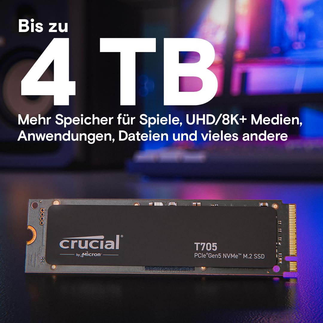 Crucial T705 1TB SSD PCIe Gen5 NVMe M.2 Interne SSD, bis zu 13.600MB/s, Microsoft DirectStorage, PCIe 4.0 abwärtskompatibel, Solid State Drive - CT1000T705SSD3