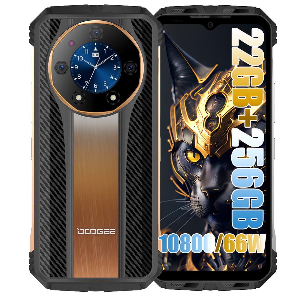 DOOGEE S110 4G Simlockfreie Handys Smartphones, Helio G99 Octa Core 22GB + 256GB, 10800mAh Akku / 66W, 50MP Kamera (24MP Infrarot) + 16MP + 32MP, Android 13 6.58 Zoll, Fingerabdruck NFC Gold