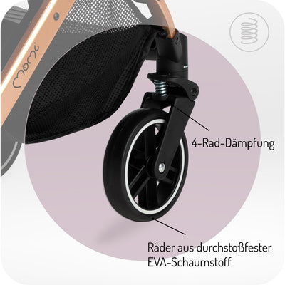 MOMI ESTELLE Kinderwagen für Kinder ab 6 Monat bis zu max. Körpergewicht von 15 kg, H105 x B51 x T75 cm, klappbar auf die Maße H65 x B51 x T21 cm, Gewicht 7,5 kg, 5-Punkt-Sicherheitsgurt