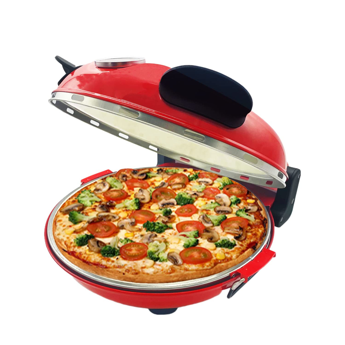 Klaif Elektrischer Pizzabäcker, 420 ℃, 1200 Watt, 5 separate Temperaturstufen, flammenbeständige Steinplatte 1200W 31 cm, rot