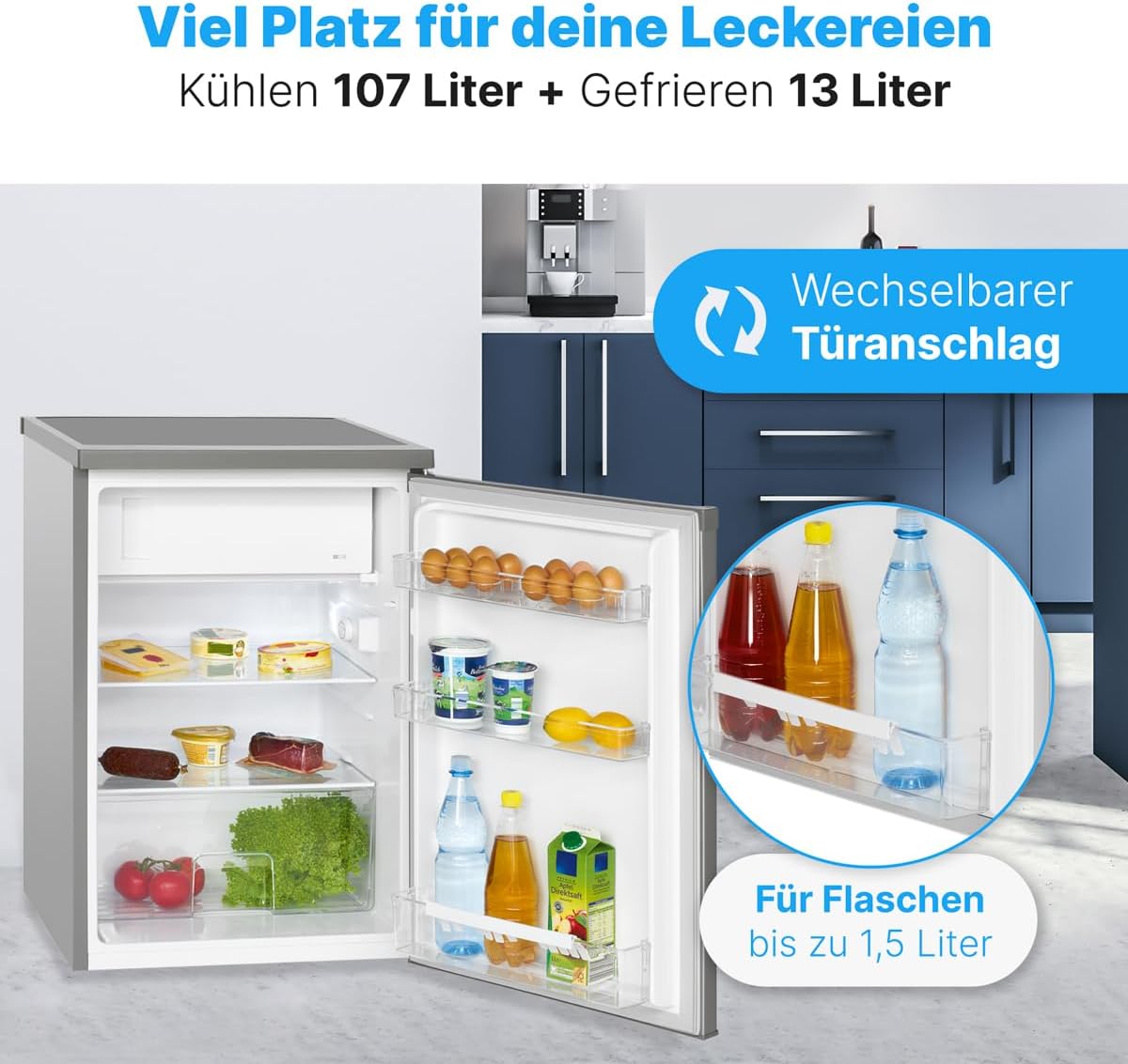 Bomann® Kühlschrank mit Gefrierfach | Kühlschrank klein mit 120L Nutzinhalt | Kühlen 107L & Gefrieren 13L | Fridge mit 3 Türablagen & 2 Glasablagen | wechselbarer Türanschlag | KS 2184.1 inox