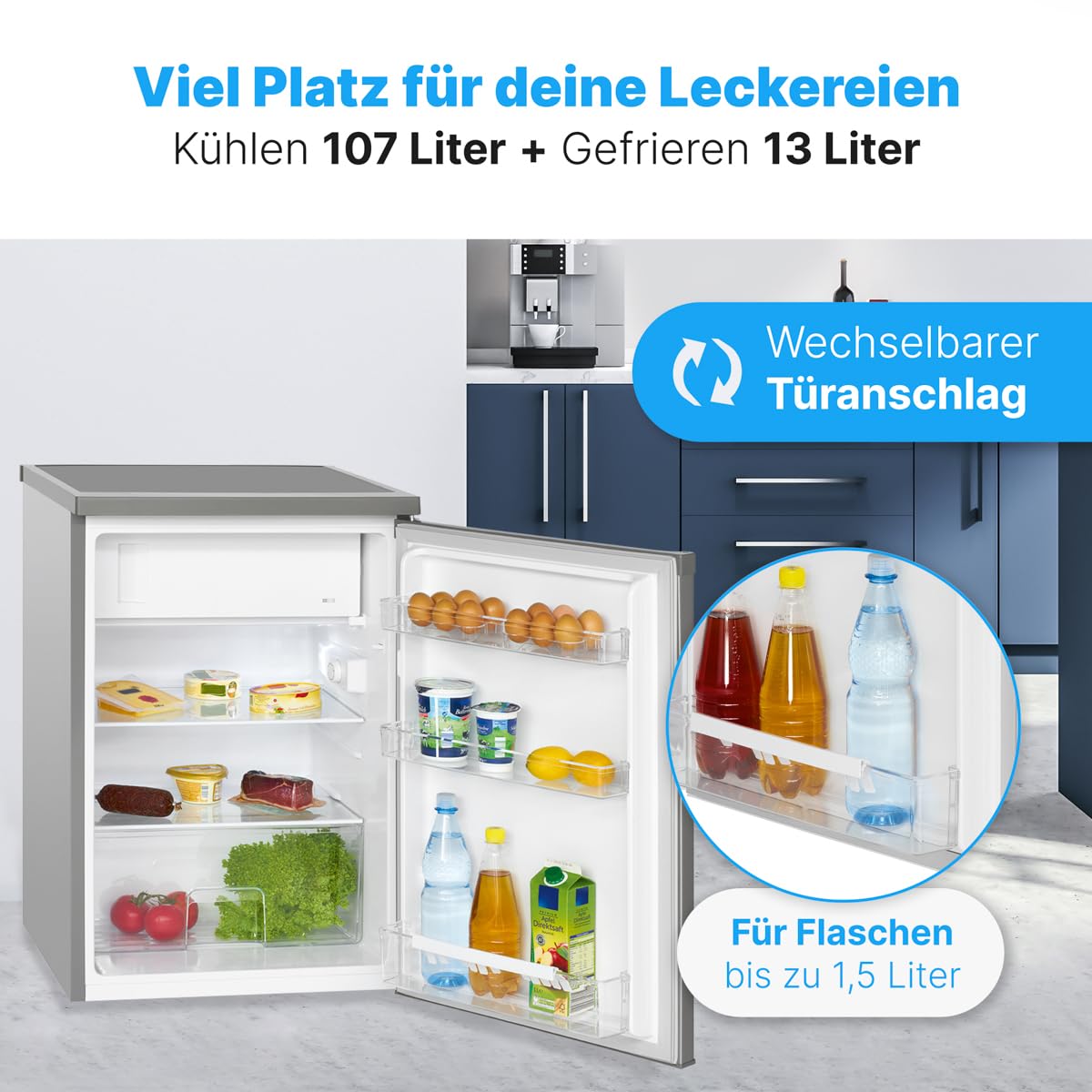 Bomann® Kühlschrank mit Gefrierfach | Kühlschrank klein mit 120L Nutzinhalt | Kühlen 107L & Gefrieren 13L | Fridge mit 3 Türablagen & 2 Glasablagen | wechselbarer Türanschlag | KS 2184.1 inox