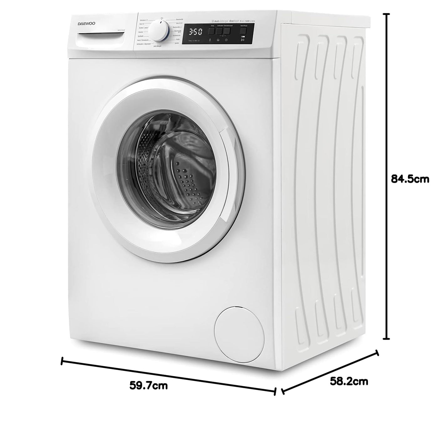 Daewoo WM914T1WA0DE Waschmaschine Frontlader, 9 kg, 1400 U/min, Advanced Inverter Motor, 15 Programme inkl. 15 min Kurzprogramm, AquaStop, Weiß