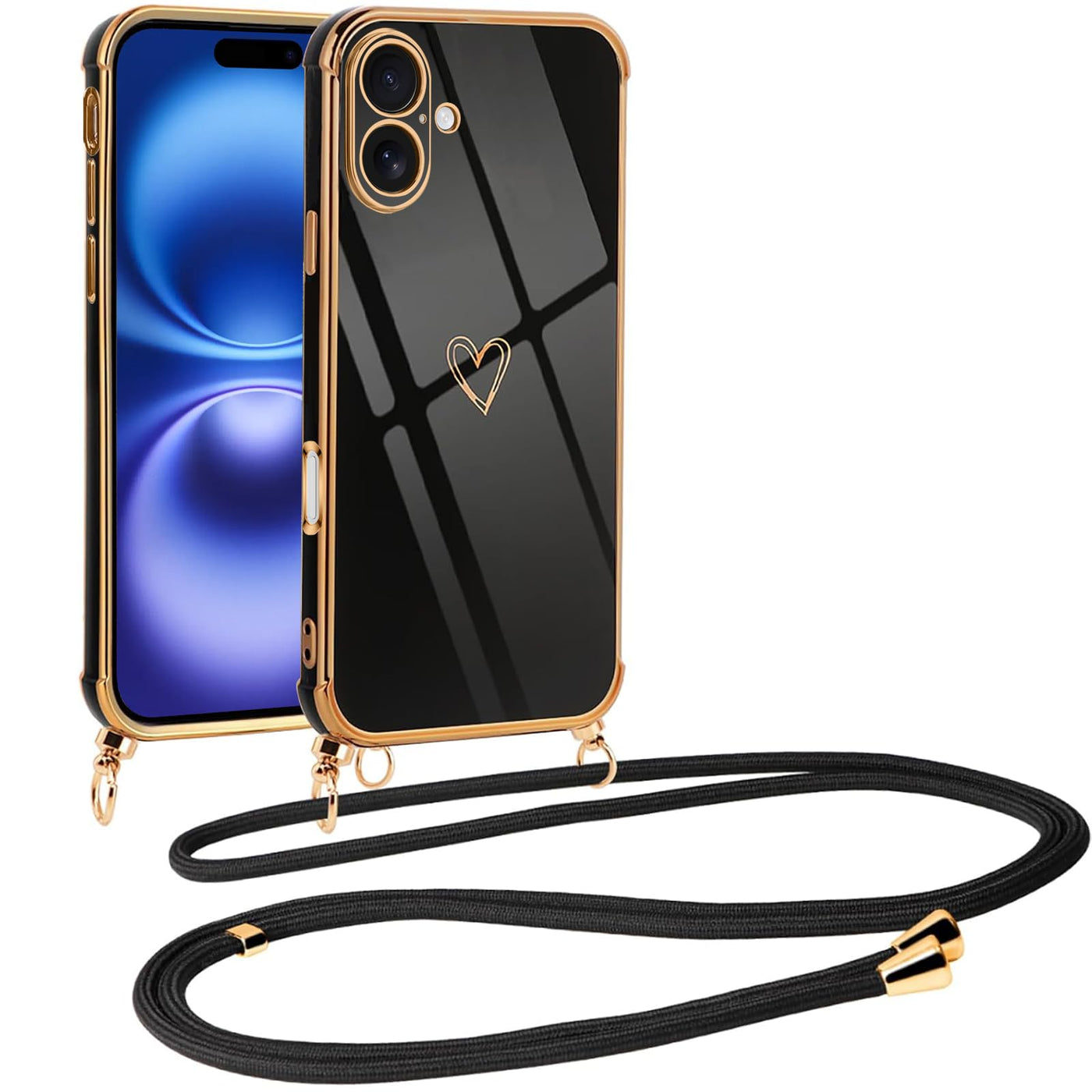 Vauki Handykette für iPhone 16 Hülle mit Band, Handyhülle mit Kette, Herz Motiv, Ultra Dünn Stoßfeste Aesthetic Case mit Kordel zum Umhängen für iPhone16 6.1", Schwarz