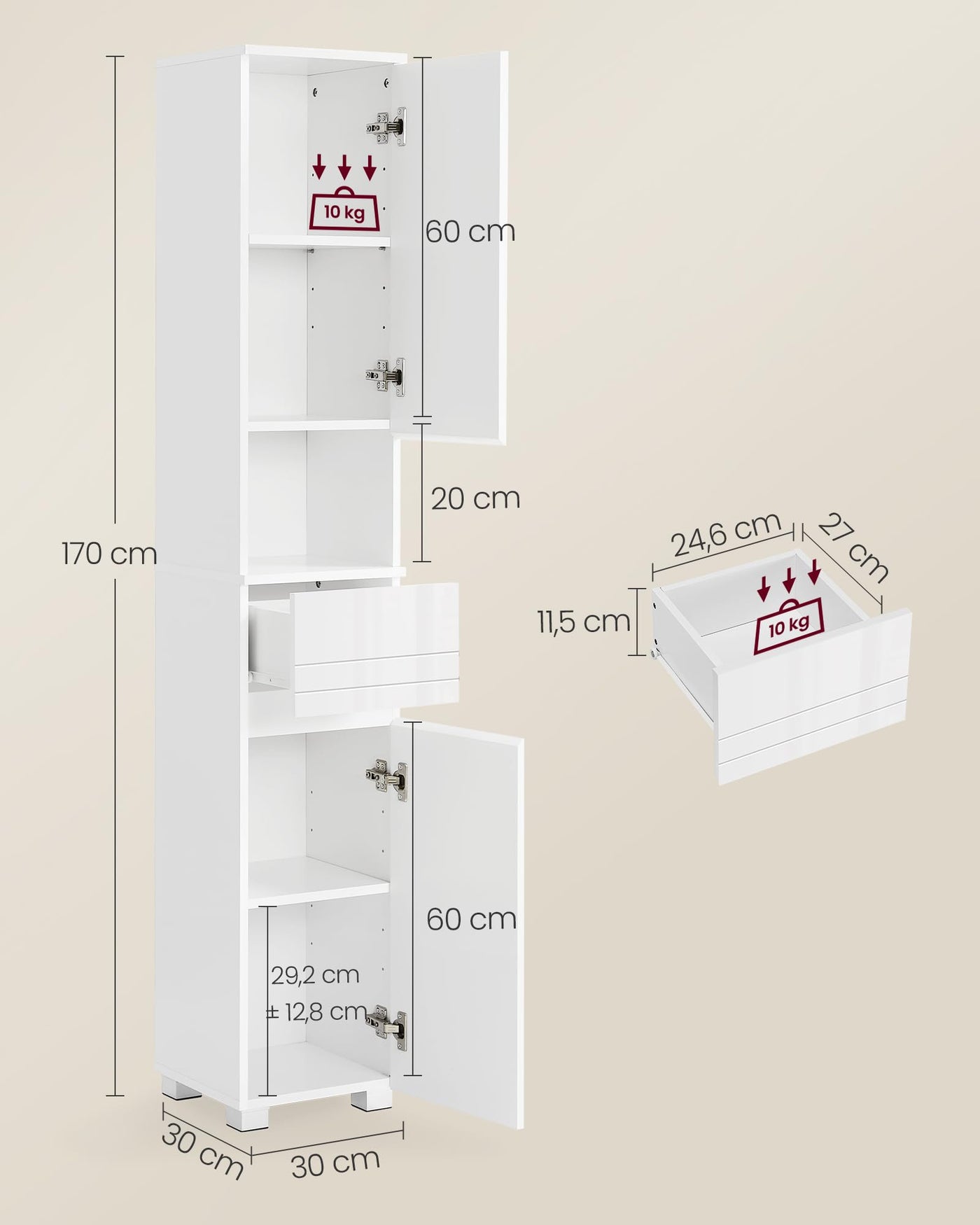 VASAGLE Badezimmerschrank, Badschrank, Badezimmermöbel mit Einer Schublade, verstellbare Ablagen, offenes Fach, 30 x 30 x 170 cm, klassikweiß BBC560P31