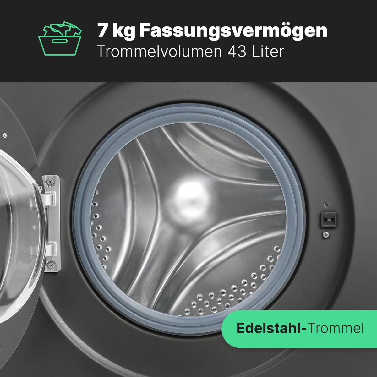 Bomann Waschmaschine 7kg | max. 1400 U/min | 10 Jahre Motor-Garantie | effizienter, leiser & langlebiger Invertermotor | 15 Programme | Endzeitvorwahl | Washing Machine WA 7175 titan - schwarz