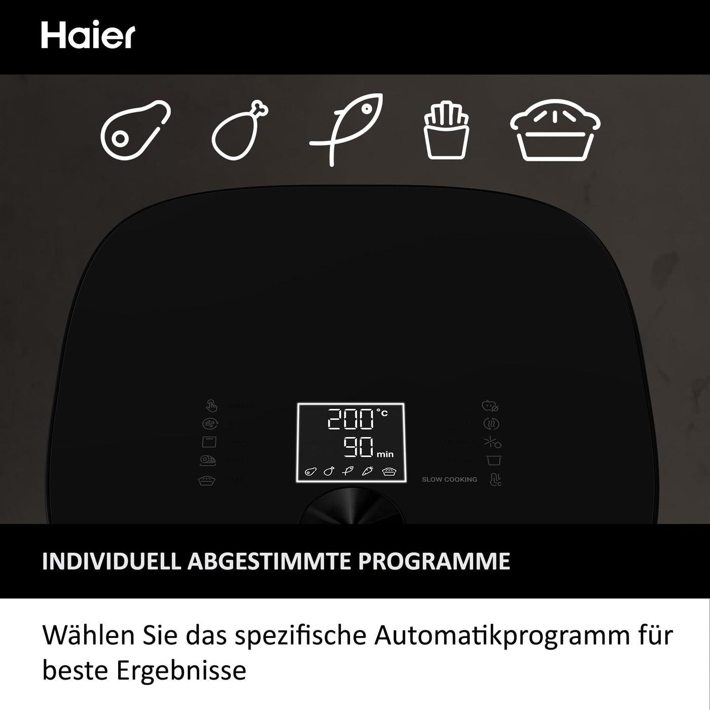 Haier Heißluftfritteuse mit Glasfenster I Airfryer mit 9 Programmen & 7 Liter Fassungsvermögen I 1700W Fryer mit LED Display I Fritteuse Heißluft ohne Fett I spülmaschinenfest [Serie 5 - HAF5TWA]