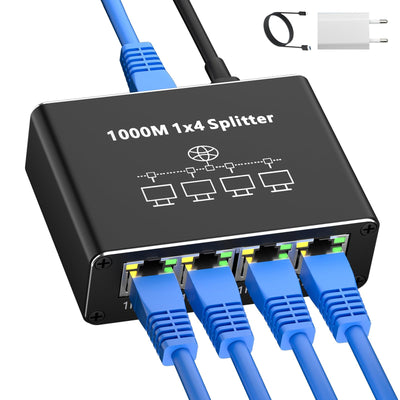 AOUZEA LAN Splitter 1 auf 4 1000Mbps Ethernet Splitter LAN Switch 4 Port Mit USB-C Stromkabel Netzstecker Gigabit Switch für Computer, Hub, Netzwerk Switch, Router, Set-Top Box, Digital TV