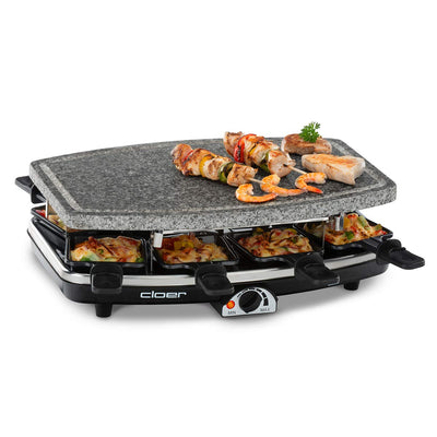 Cloer 6430 Raclette-Grill mit Naturstein, 1200 Watt, 8 Pfännchen antihaftbeschichtet mit wärmeisolierten Griffen, Ganze Platte