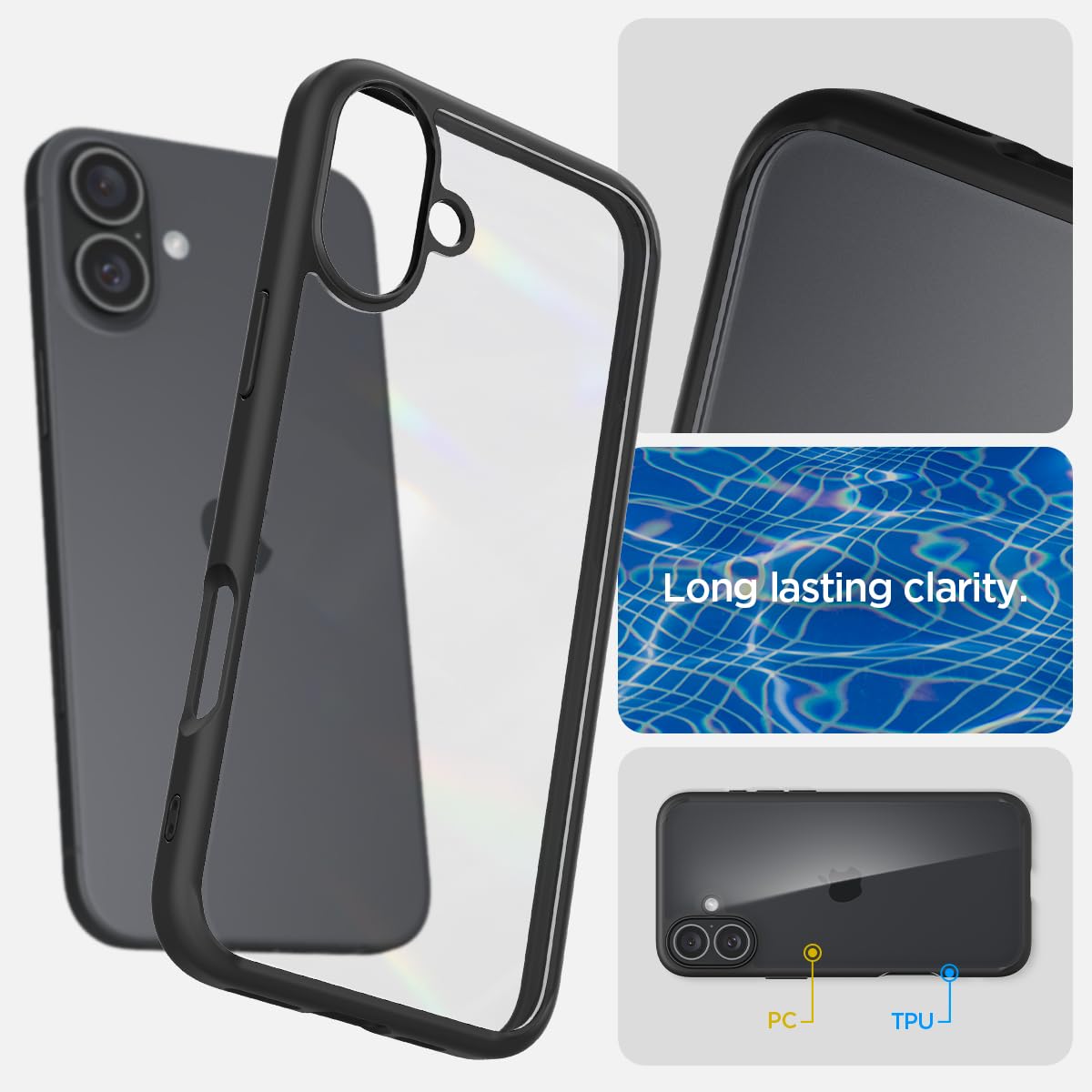 Spigen für iPhone 16 Hülle [Anti-Yellowing] Ultra Hybrid Case Handyhülle Schutzhülle Cover Transparent Durchsichtig Dünn Slim -Schwarz