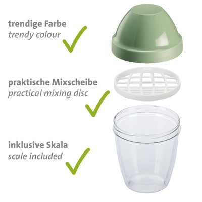 Westmark Schüttelbecher – Dressingshaker mit herausnehmbarer Mixscheibe, Fassungsvermögen: 0,25 l, Höhe: 12,8 cm, Kunststoff, BPA-freier Mixbecher (Klar/Grün)