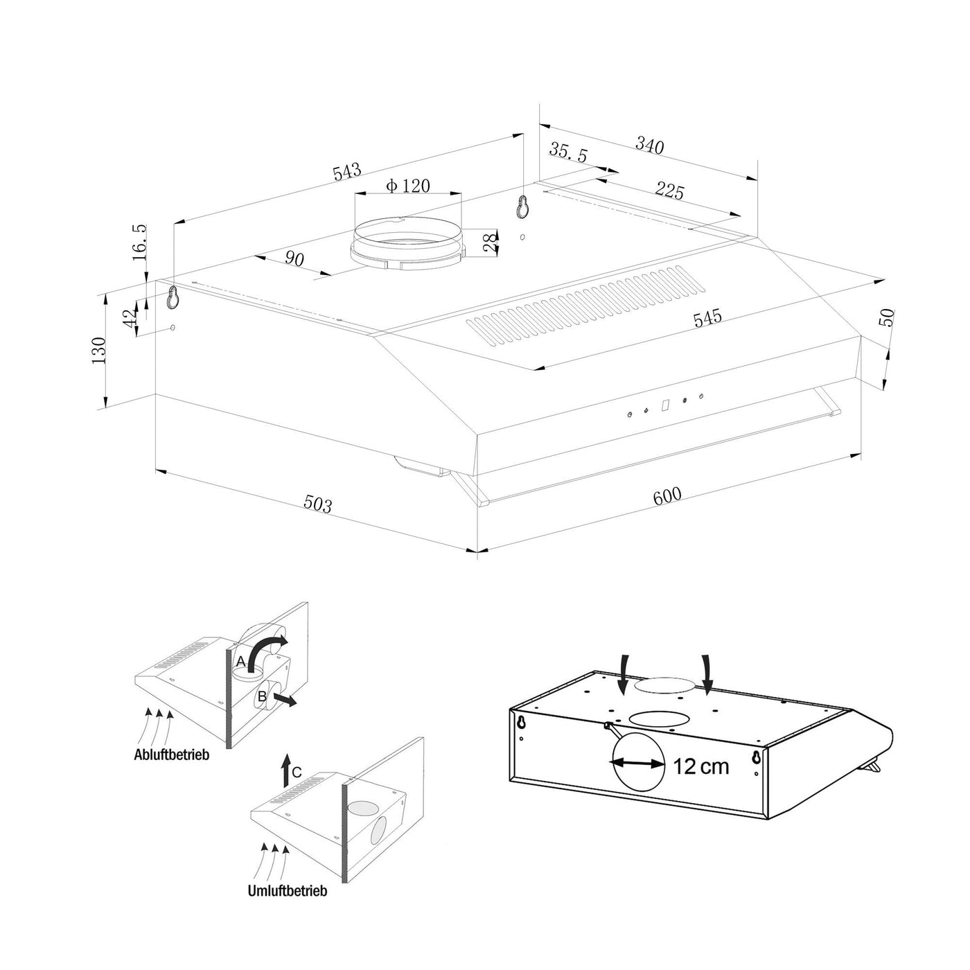 Doppelmotor Design Unterbau-Dunstabzugshaube NEG15-TDLS+ (Edelstahl, silber), Glas-Front mit Sensor Touch, 384 m³/h Umwälzleistung, Nachlauffunktion, Abluft und Umluftbetrieb