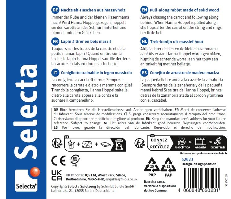 Selecta 62023 Hanna Hoppel, Nachzieh Hase, Schiebe-und Nachziehspielzeug aus Holz, 13 cm