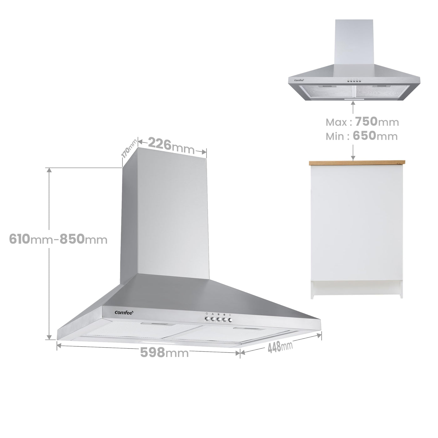 COMFEE' CHT 3.6B Dunstabzugshaube 60cm Umluft & Abluft, Wandhaube mit Aktivkohlefilter, 400m³/h Luftstrom, 5 Schichten Waschbarer Fettfilter, 3 Stufen, Einstellbarer Kamin, 1 LED-Licht, Silver