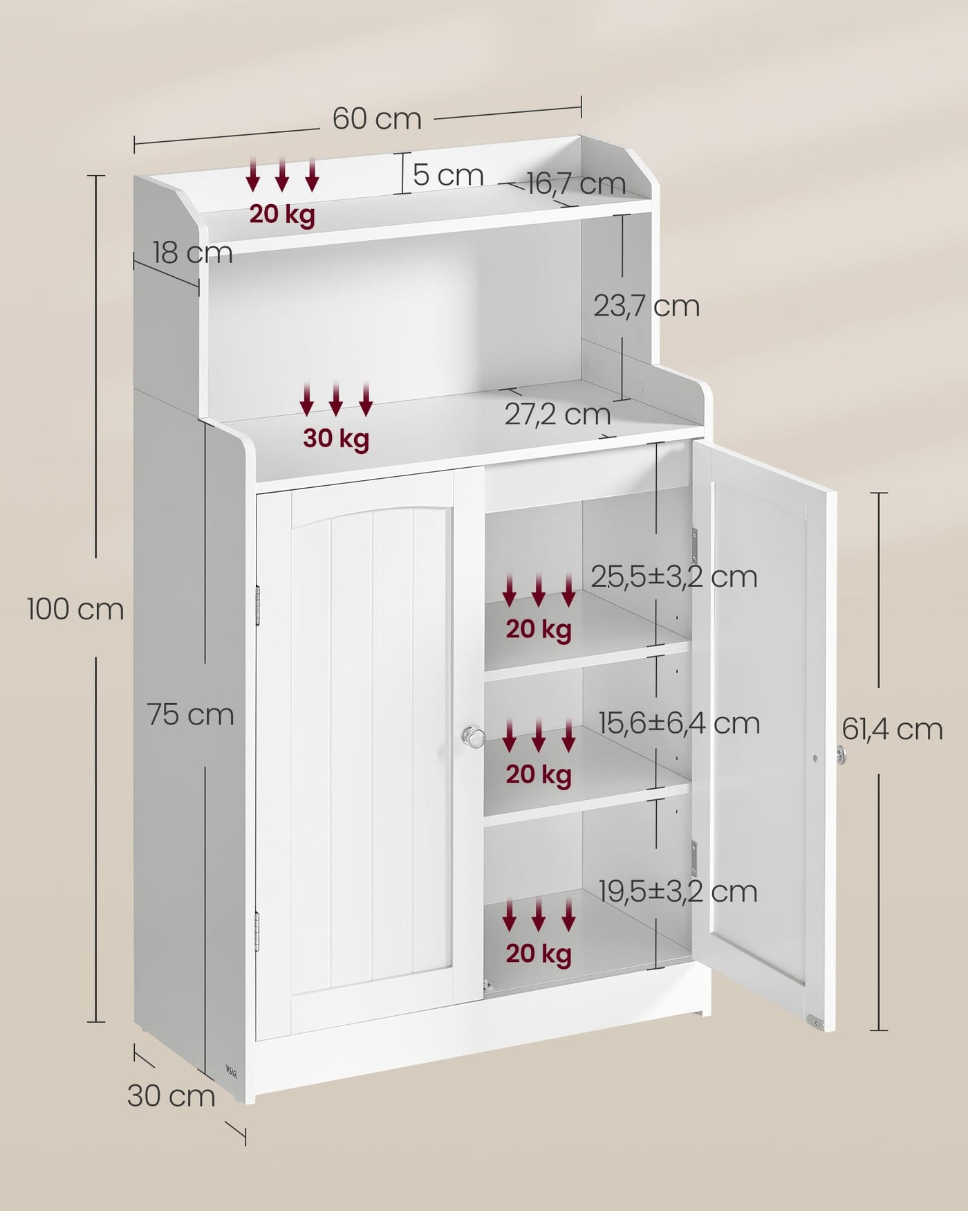 VASAGLE Badezimmerschrank, Badschrank mit 2 Türen, 2 verstellbare Eingeböden, 30 x 60 x 100 cm, Schrank für Esszimmer, Küche, Wohnzimmer, wolkenweiß BBC770W01