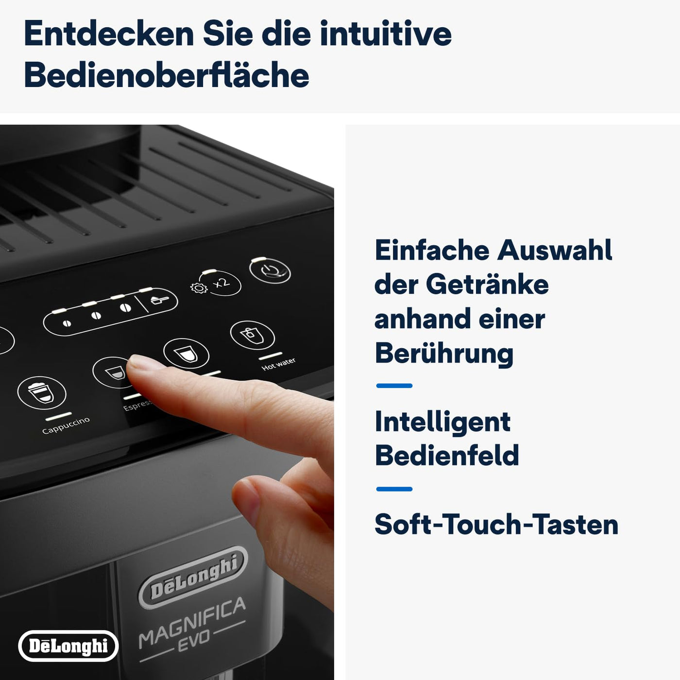 De'Longhi Magnifica Evo ECAM292.52.GB, Kaffeevollautomat mit Milchsystem, 4 Direktwahltasten für Cappuccino, Espresso und weitere Getränke, intuitives Bedienfeld, 2-Tassen-Funktion, Schwarz