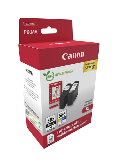 Canon PG-585XL / CL-586XL Original-Tintenpatronen, 2er-Pack (1x Schwarz, 1x Farbe), inkl. 50 Blatt 4x6-Fotopapier - Kompatibel mit PIXMA TS7650i / TS7750i