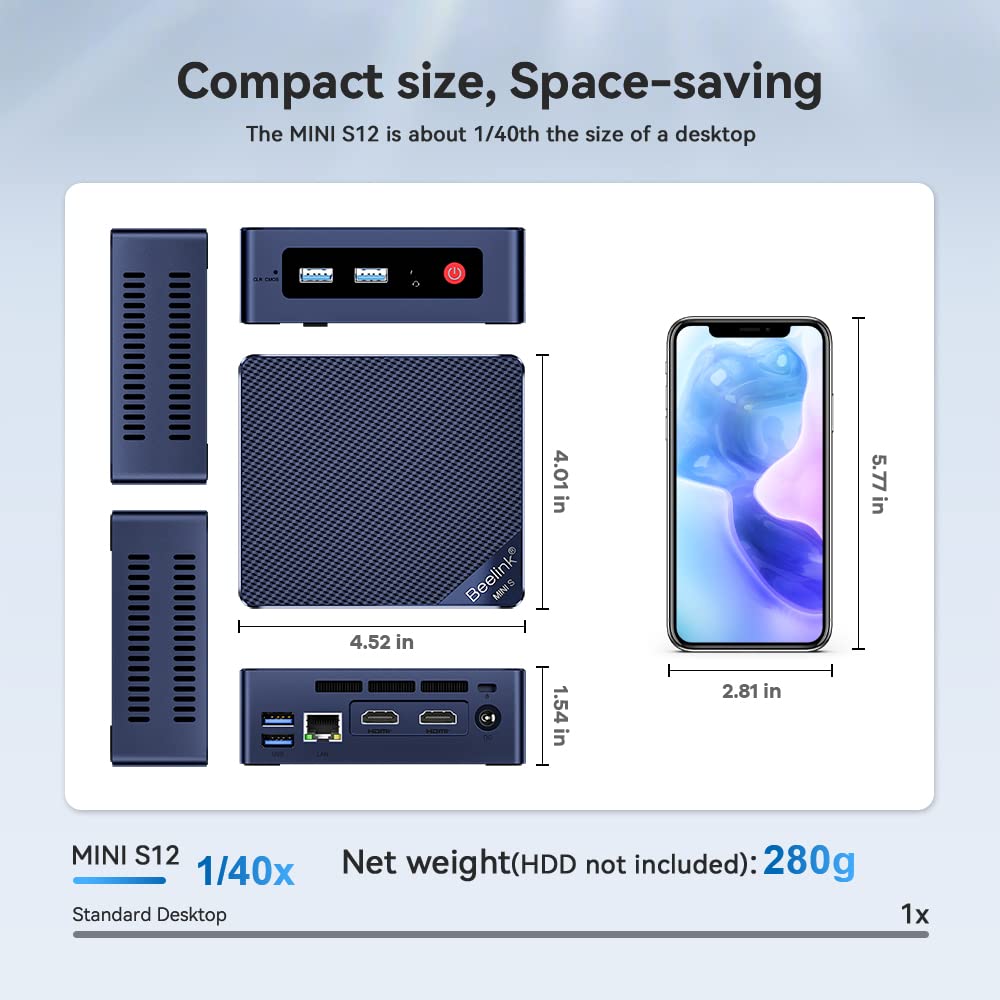 AWOW Mini PC Wi-11 Pro Gen12 N100 Quad Core 3.40GHz, 8GB DDR5 4800MHz 512GB M.2 SSD Mini Desktop Computer, Micro PC Dual Display HDMI DP 4K@60Hz Dual Gigabit Ethernet, WiFi5