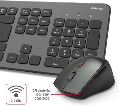 Hama Funk-Tastatur Maus Set (QWERTZ Tastenlayout, kabellose ergonomische Maus, 2,4GHz, USB-Empfänger) Windows Keyboard Funkmaus-Tastatur-Set, schwarz anthrazit