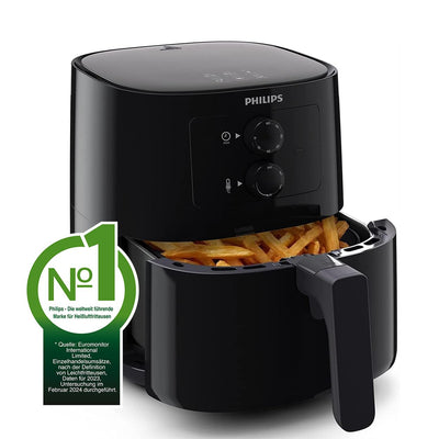 Philips Essential Airfryer Heissluftfriteuse - 4,1-Liter-Pfanne, Fritteuse Ohne Öl, Rapid Air Technologie, HomeID-App, Zeit- Und Temperaturkontrolle, Schwarz (HD9200/90)